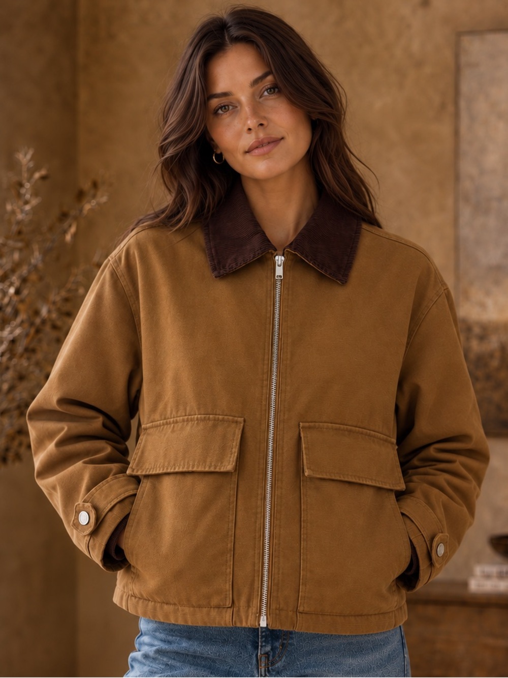 Stunning House of Harlow 1960 Tan Canvas Jacket with Dark Brown Corduroy Collar